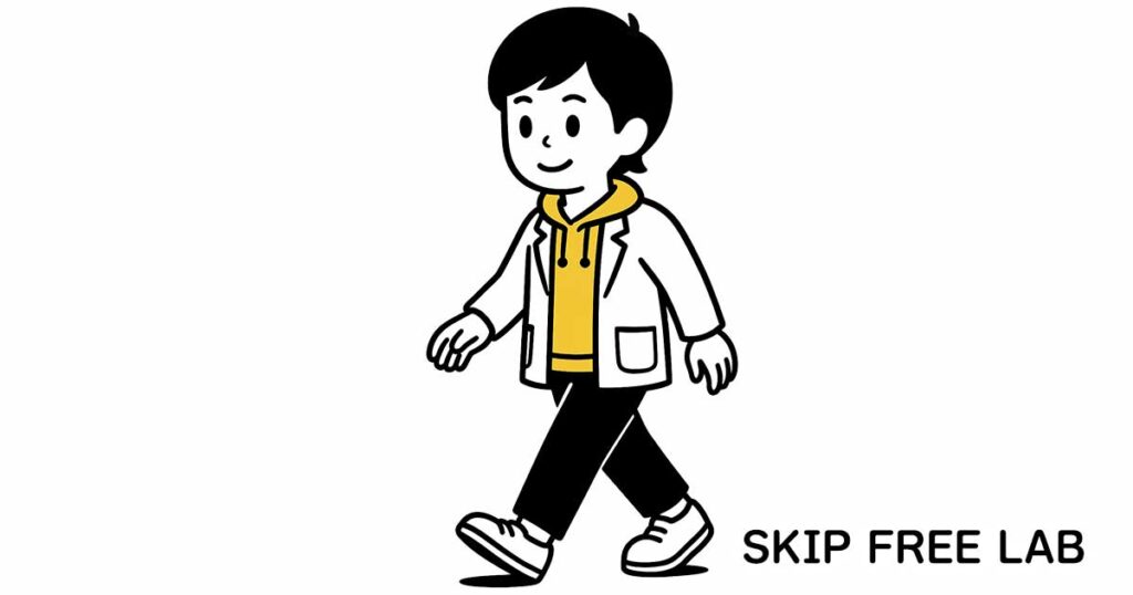 白衣と黄色パーカー姿のキャラクターが前向きに歩いているイラスト。自信のある表情。