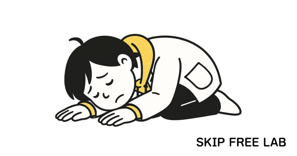 白衣と黄色パーカー姿のキャラクターが地面にひざまずき、落ち込んでいる様子のイラスト。