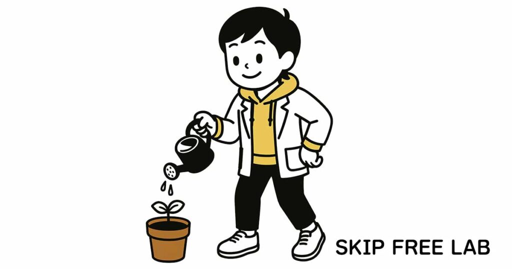 ネタ帳を“育てるもの”として丁寧に水をやる女性キャラクター（もえみそ）のイラスト