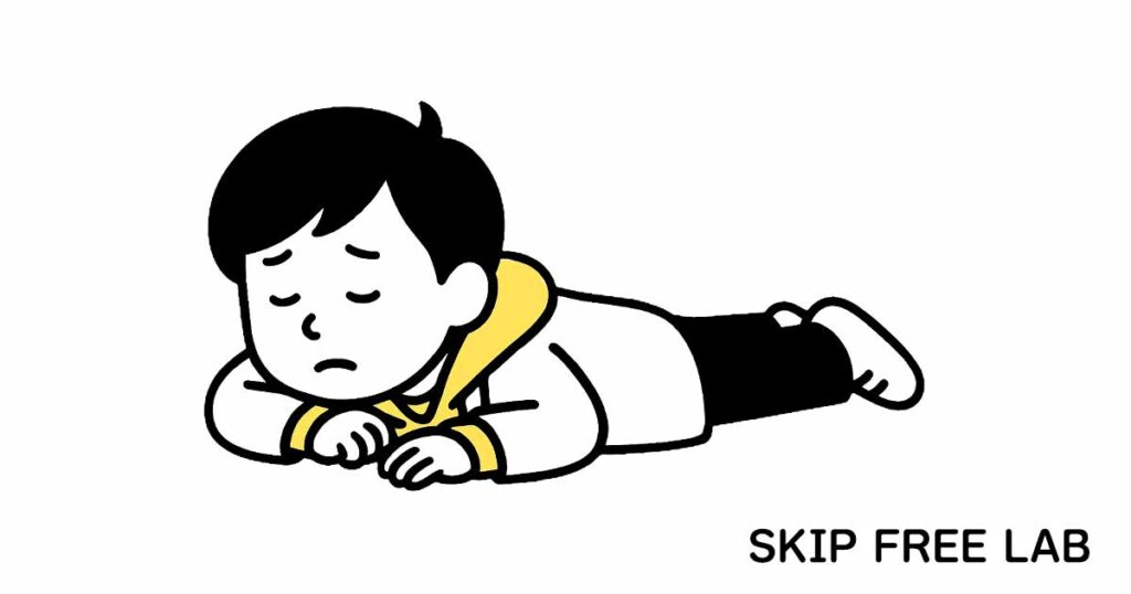 うつ伏せで疲れた表情をするもえみそ(ブログ継続に疲れてモチベが下がっているイメージ)