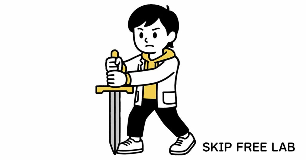 「SKIP FREE LAB」の文字の横で、白衣を着た人物が真剣な表情で剣を地面に突き立て、戦う準備（装備）を整えているイラスト。