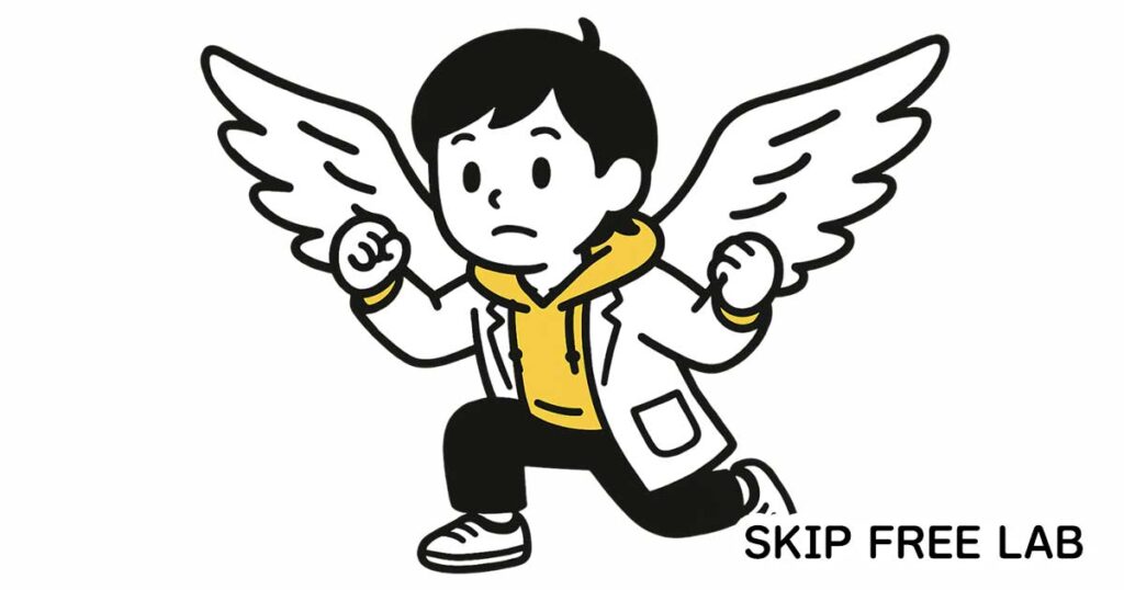 「SKIP FREE LAB」のロゴの横で、白衣を着た人物が大きな翼を広げ、決意を秘めた表情で飛び立とうとしているイラスト。