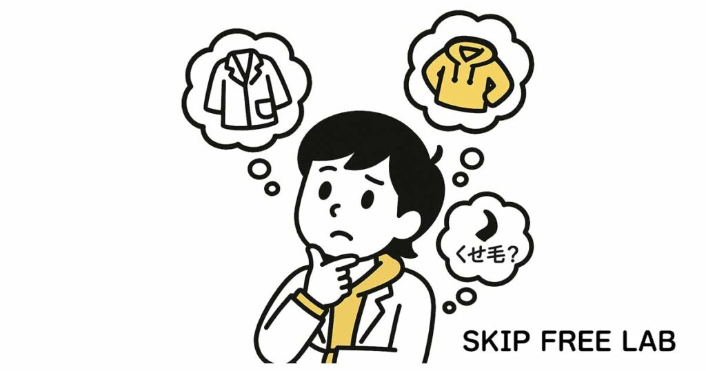 白衣やパーカー、くせ毛など、自分らしさをどう出すか悩んでいるもえみその姿。