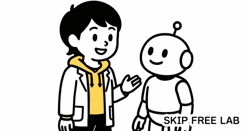 ChatGPT風のロボットと話すもえみそ(AIを使ってアイデアを引き出す様子)