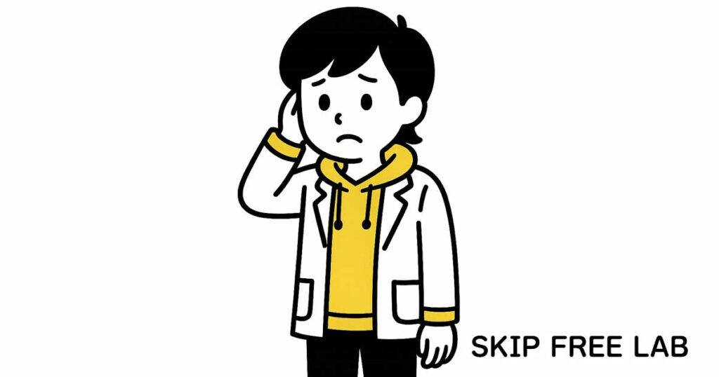 困った表情で頭をかくもえみそ(ブログネタが思いつかず悩んでいる様子)