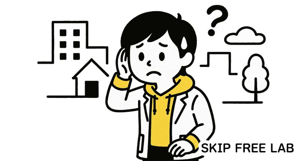 ネタ探しに迷って混乱しているもえみそと背景の建物や自然