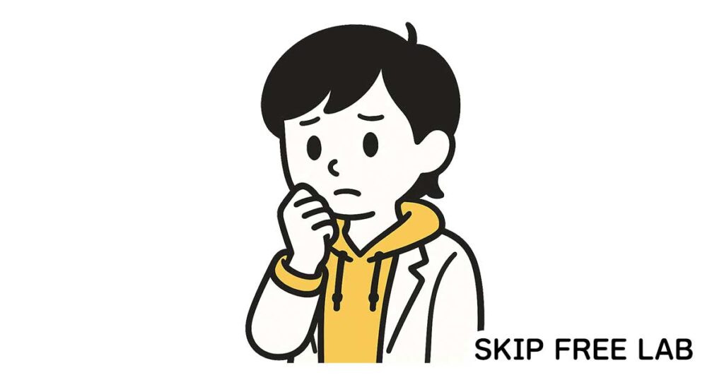 退職後のiDeCoについて不安そうに考えるもえみそ。白衣と黄色いパーカーを着て、口元に手を添えながら悩んでいる様子
