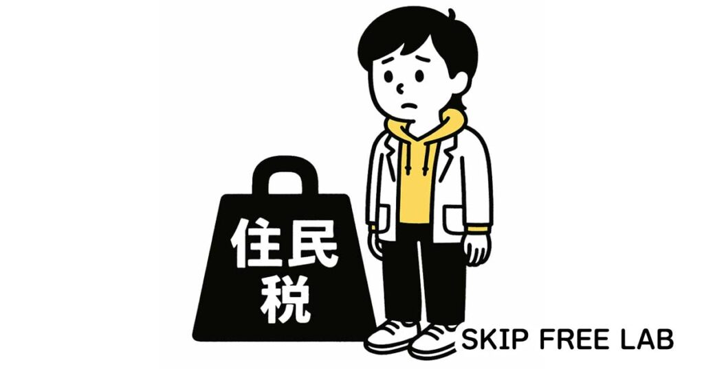住民税の支払い負担に不安を感じているキャラクターと、重たい税金を象徴する大きな住民税マークのイラスト