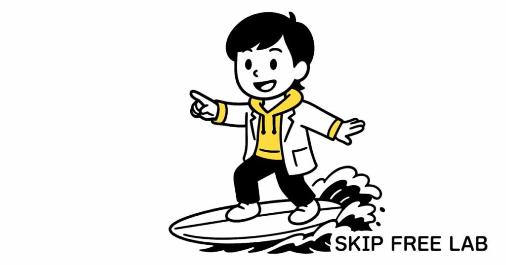 サーフボードに乗って勢いよく進んでいるもえみそのイラスト
